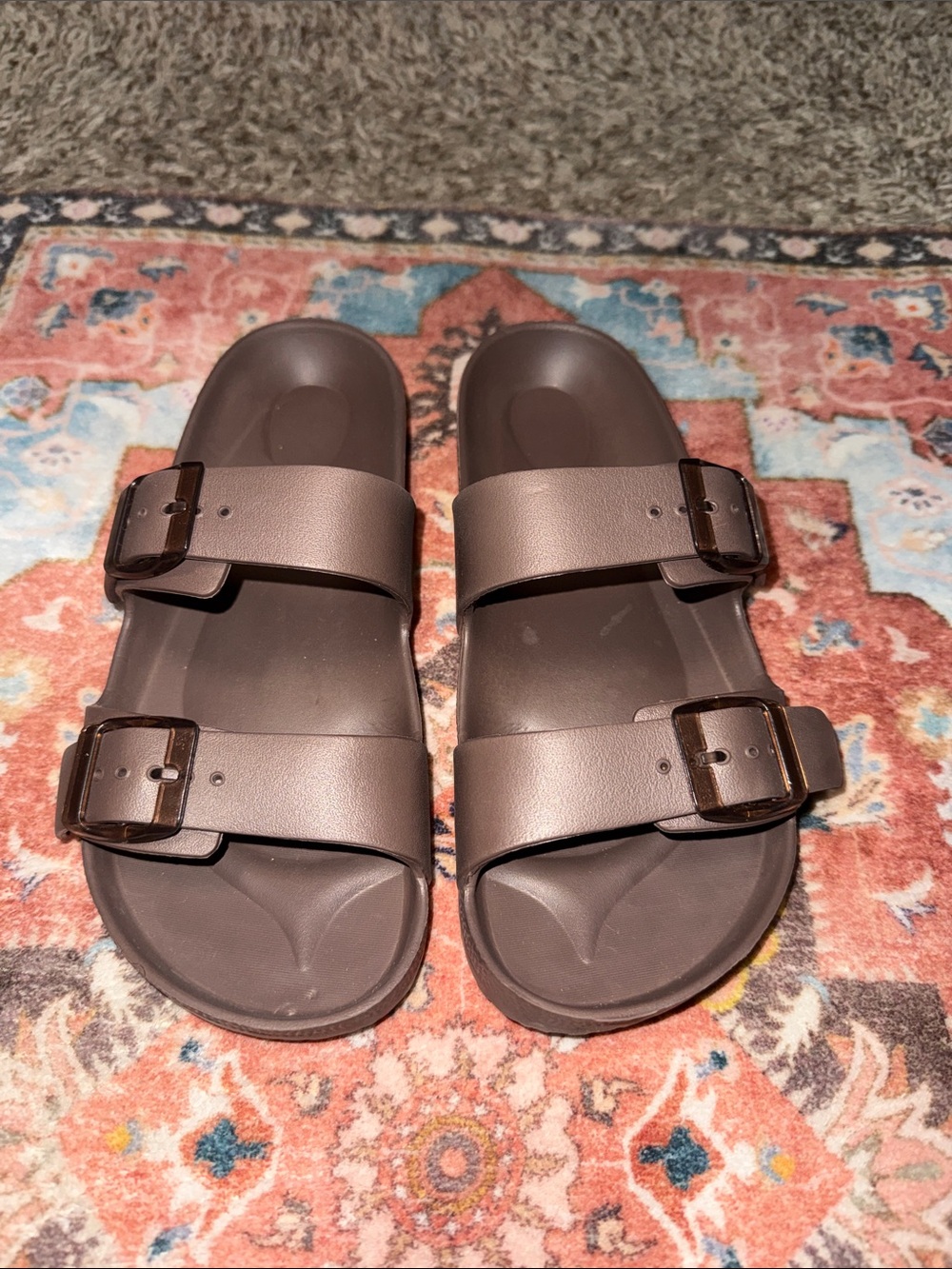 Shade & Shore Women’s Dark Brown Double-Buckle Slide Sandals